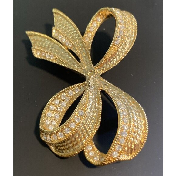 Vintage Bow Brooch Pin Signed Roman Estate Textured Gold Tone Metal Rhinestone R - Picture 3 of 16